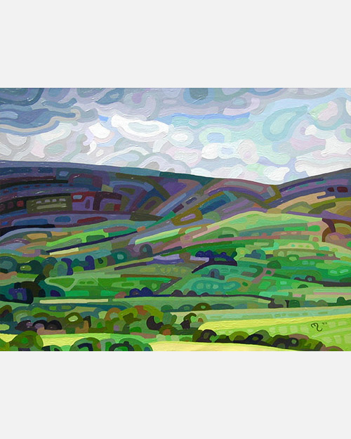 original abstract landscape painting of clouds making shadows on the countryside