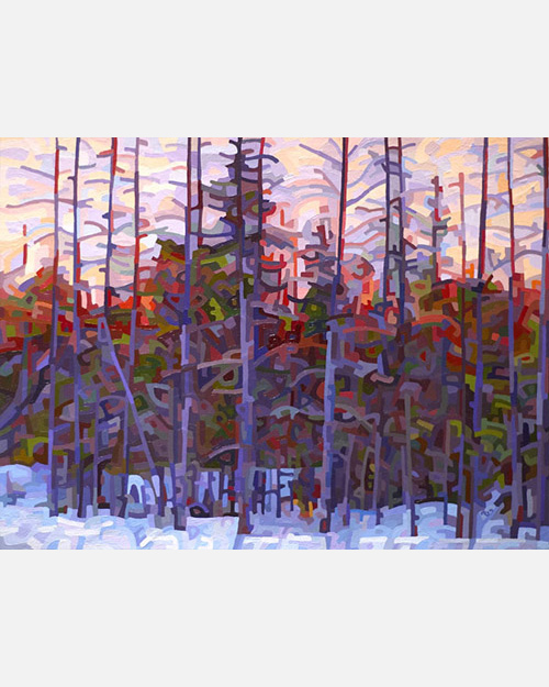 original abstract landscape painting of night falling in a muskoka winter forest