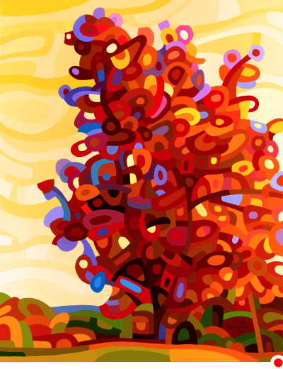 original abstract landscape painting of a fiery red tree against a yellow sky