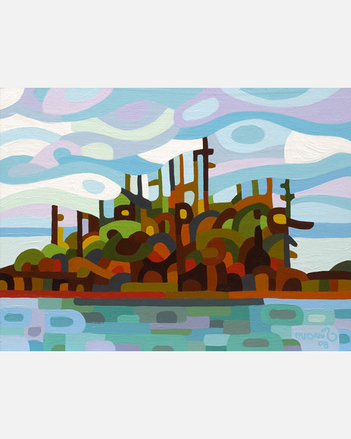 original abstract landscape painting of an island just off the shore of Lake Superior