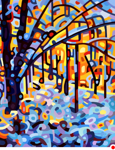 original abstract landscape painting of dawn in a winter forest