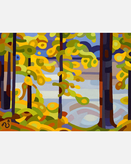 original abstract landscape painting of a fall lake with yellow trees