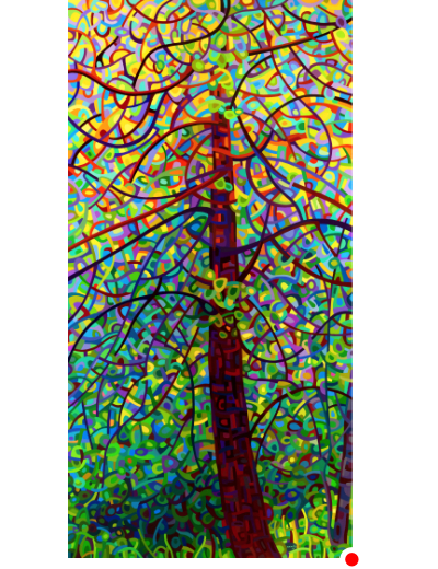 original abstract landscape painting of a tree backlit in the forest