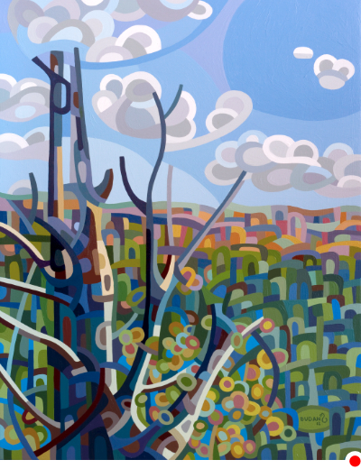 original abstract landscape painting of the view from a hill on a fall afternoon