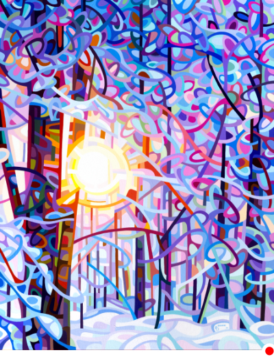 original abstract landscape painting of a winter forest sunrise