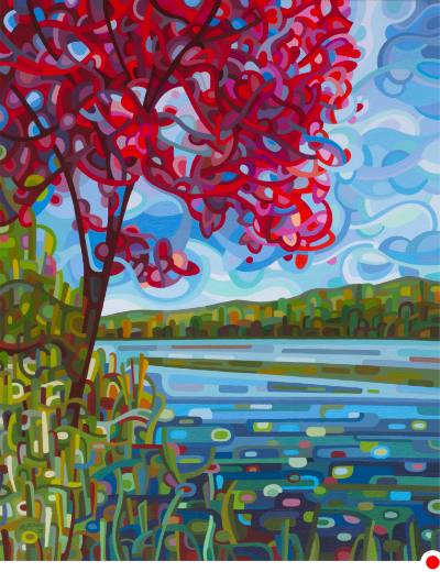 original abstract landscape fall red maple lake blue sky