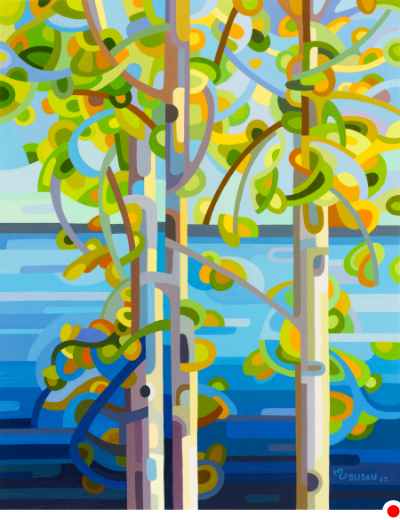 original abstract landscape painting of trees by the water in summer