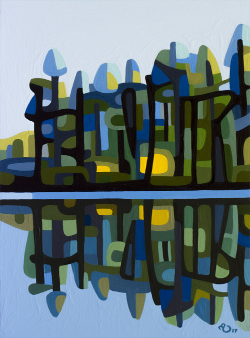original abstract landscape study of a green pine forest on a summer northern lake