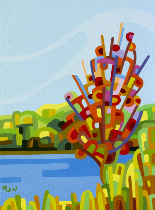 original abstract landscape study of a red tree and a blue lake