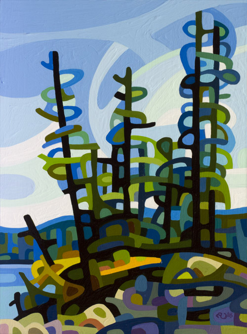 original abstract landscape painting study of a group of pine trees on a rocky shore