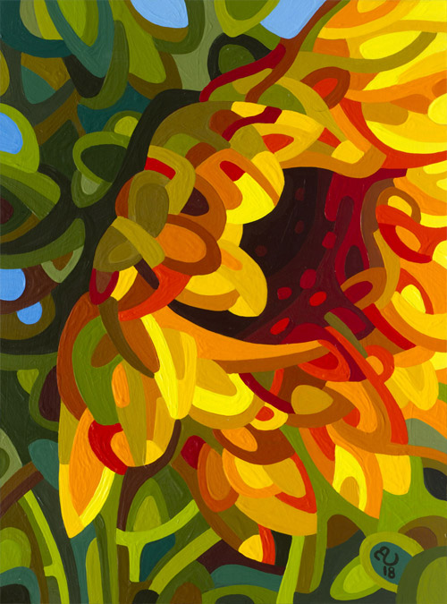 original abstract landscape painting study of a single bashful sunflower