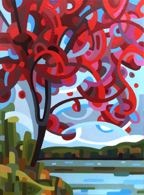 original abstract landscape painting study fall red maple lake