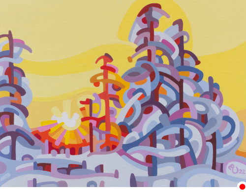 original abstract painting winter pine sunrise
