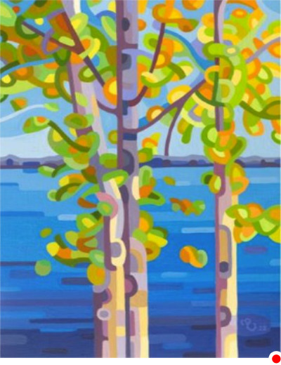 original abstract painting birch tree lake shore title=