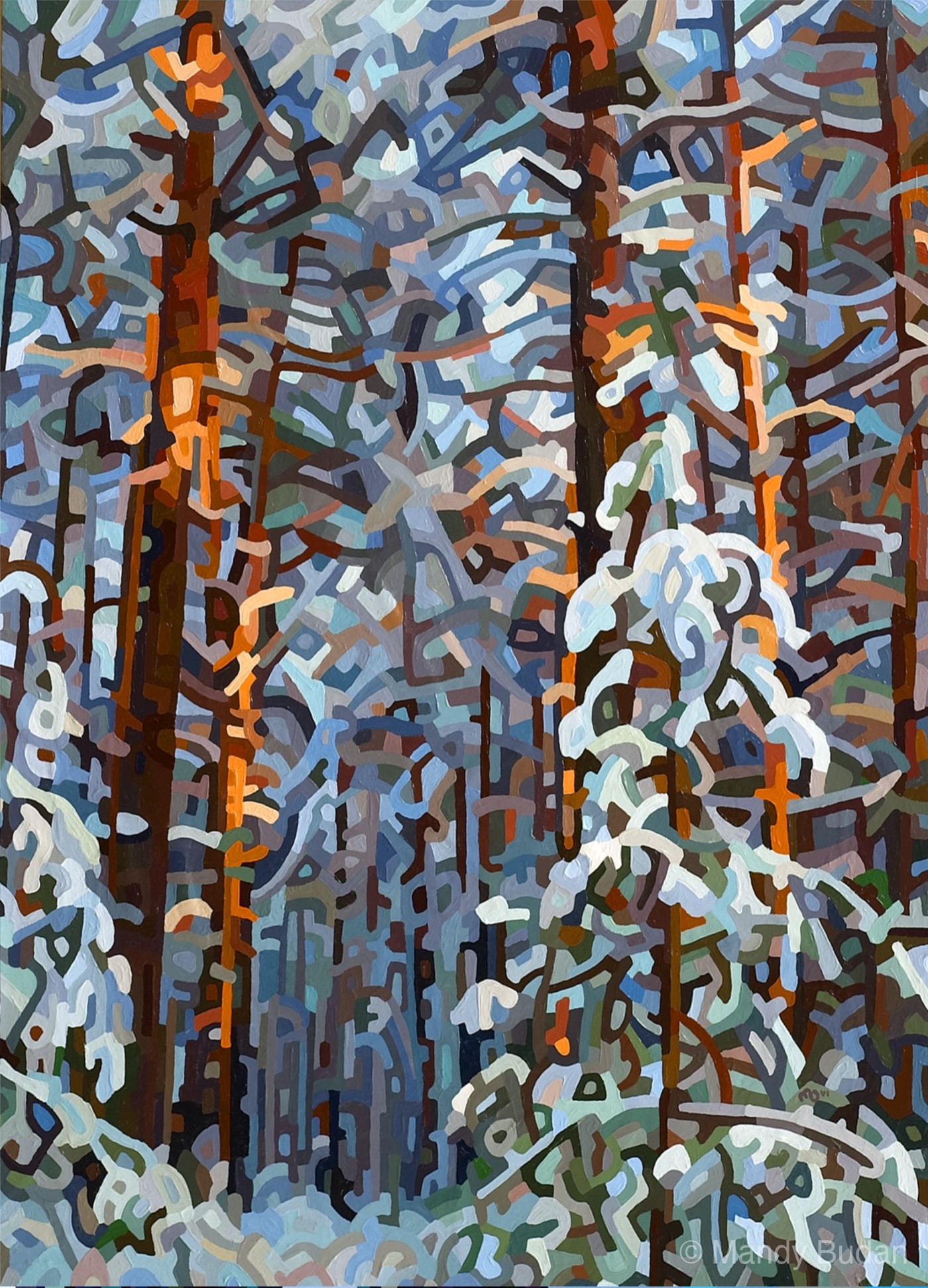 Snow heavy on the forest. Pines bow beneath the weight. A green cool winter light suffuses everything. by Mandy Budan