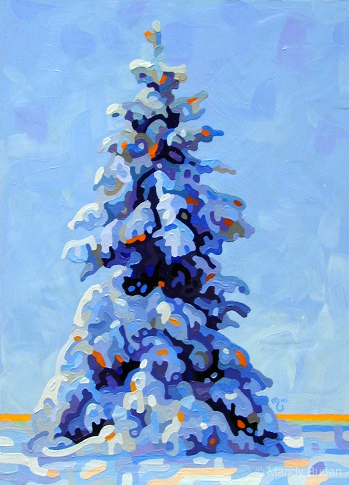 One pine stands in a field of snow and sun. by Mandy Budan
