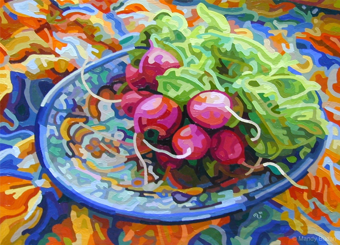 In from the grandma's garden, fresh radishes complement a talavera plate. Radishes by Mandy Budan
