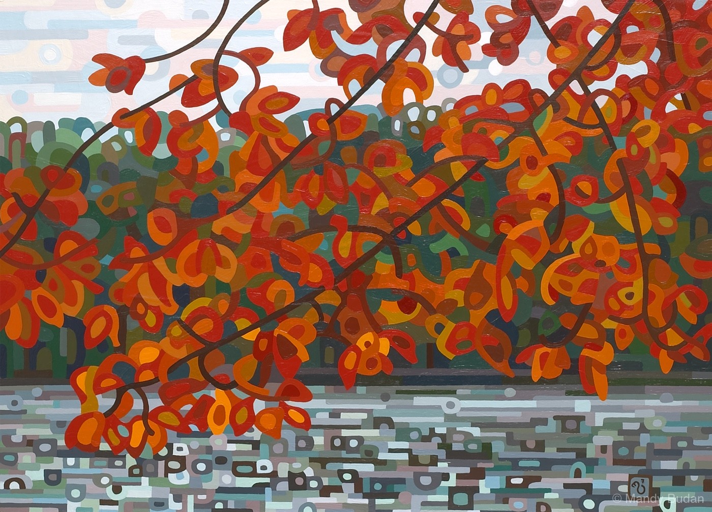 The autumn maple leave have turned red and burn brightly against the cold steely lake and sky. by Mandy Budan