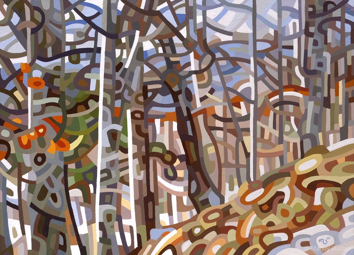 Leaves are still visible under a light dusting of snow,and the distant sky shines through bare branches. by Mandy Budan