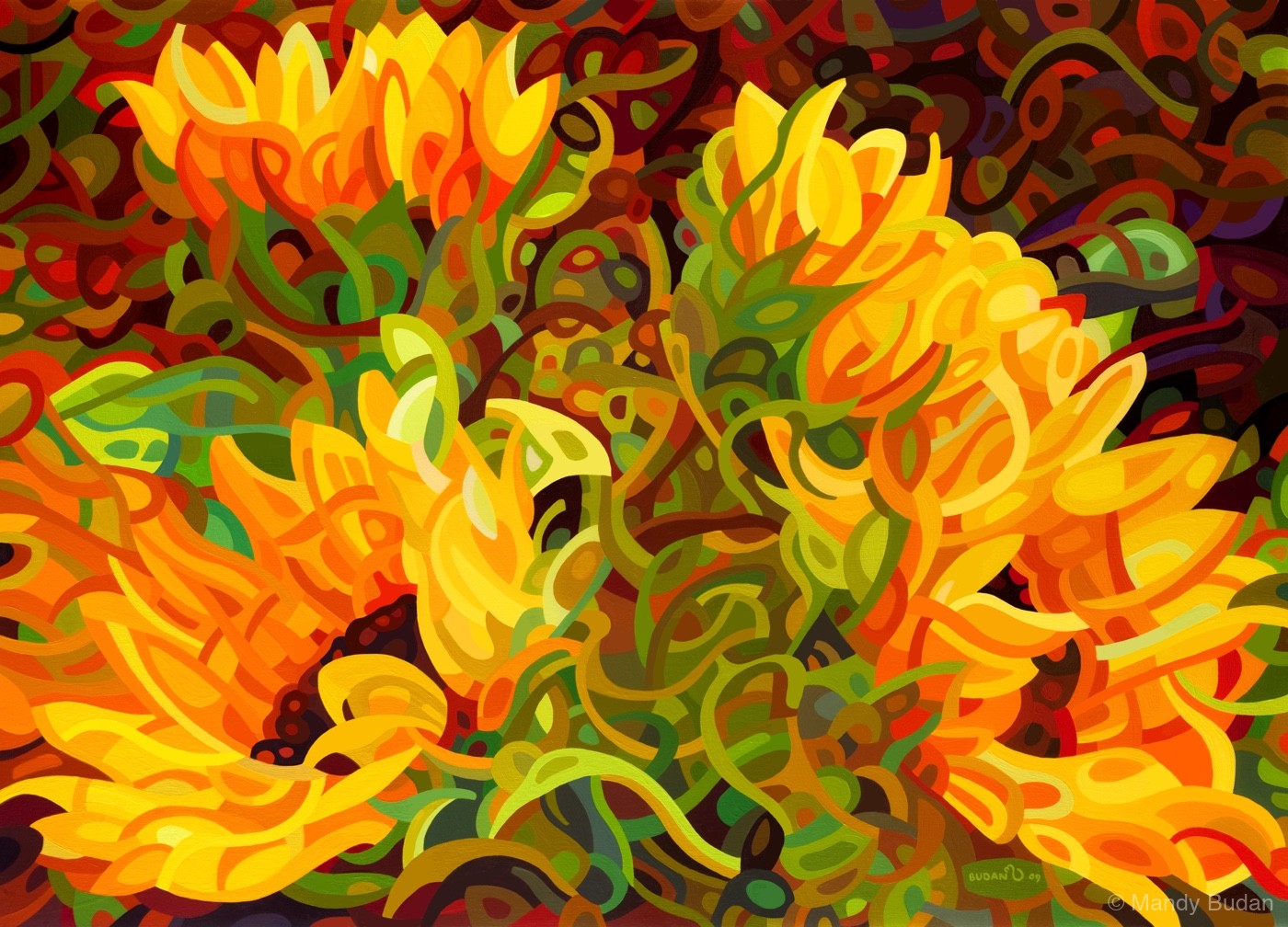 Four sunflowers in a tangle of leaves against the dark earth. by Mandy Budan