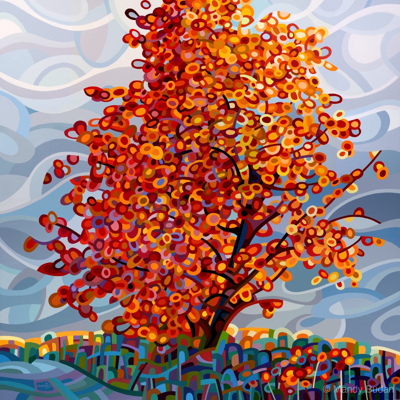 The sun limns the distant fields; the tree stands ablaze against the dark tumultuous sky. by Mandy Budan