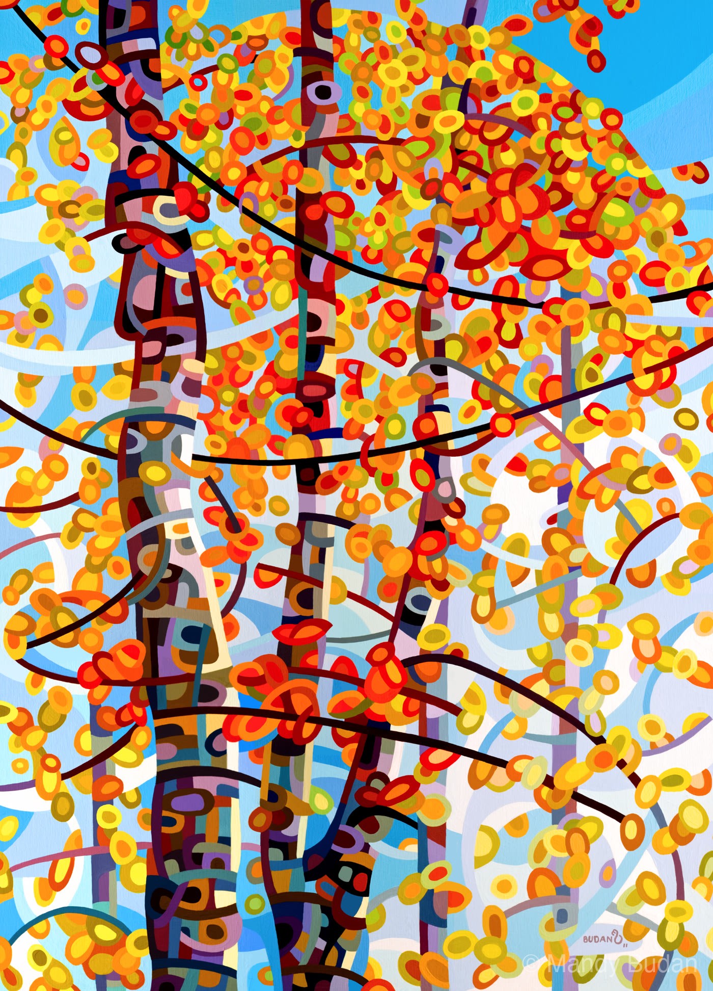 Girded in Autumnâs glory the forest stands ready. Brightly coloured leaves adorn a blue sky bright with the sunâs promise of warmth. by Mandy Budan