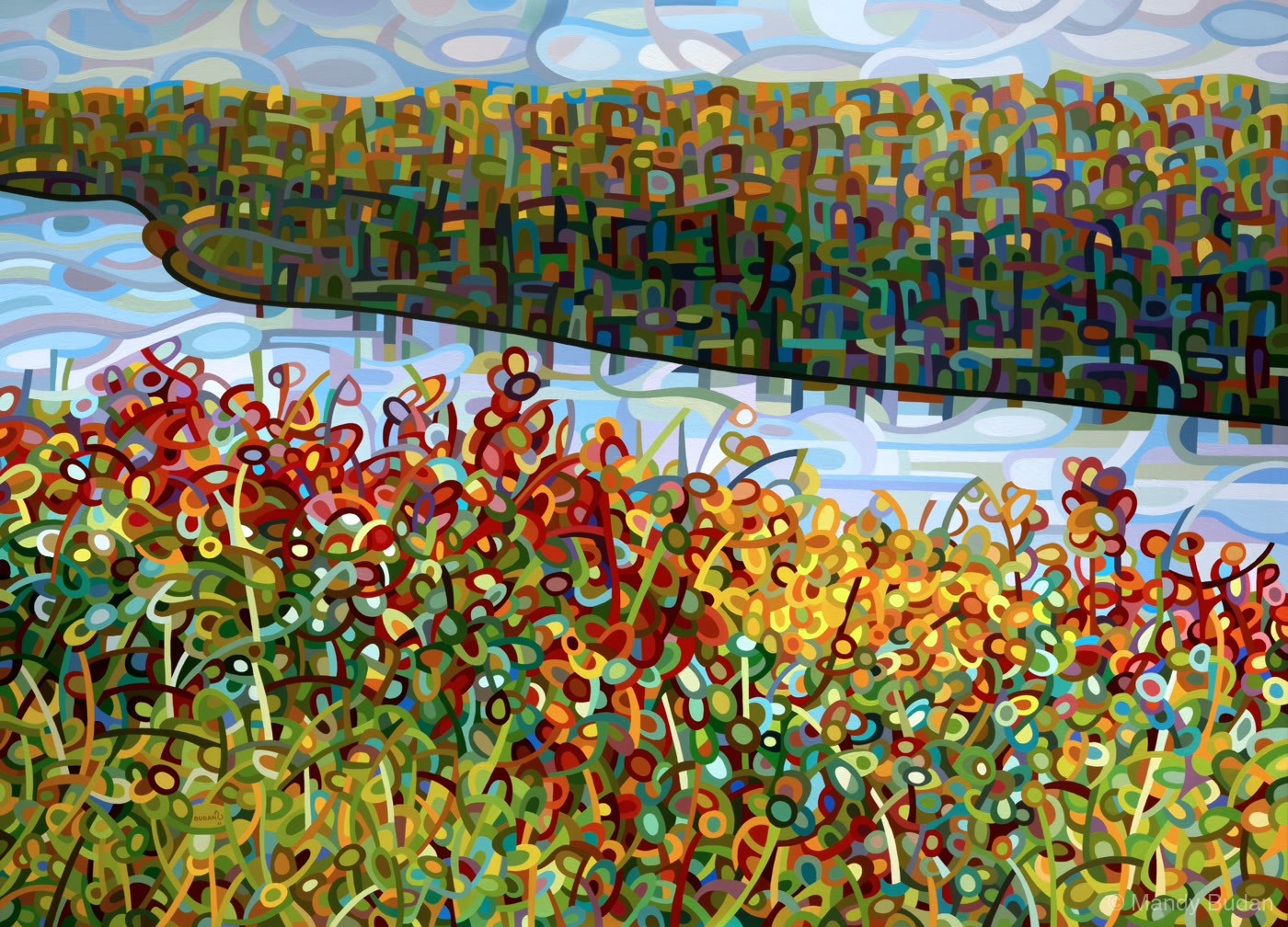 Placidly implacable, the river meanders through an autumn day. by Mandy Budan