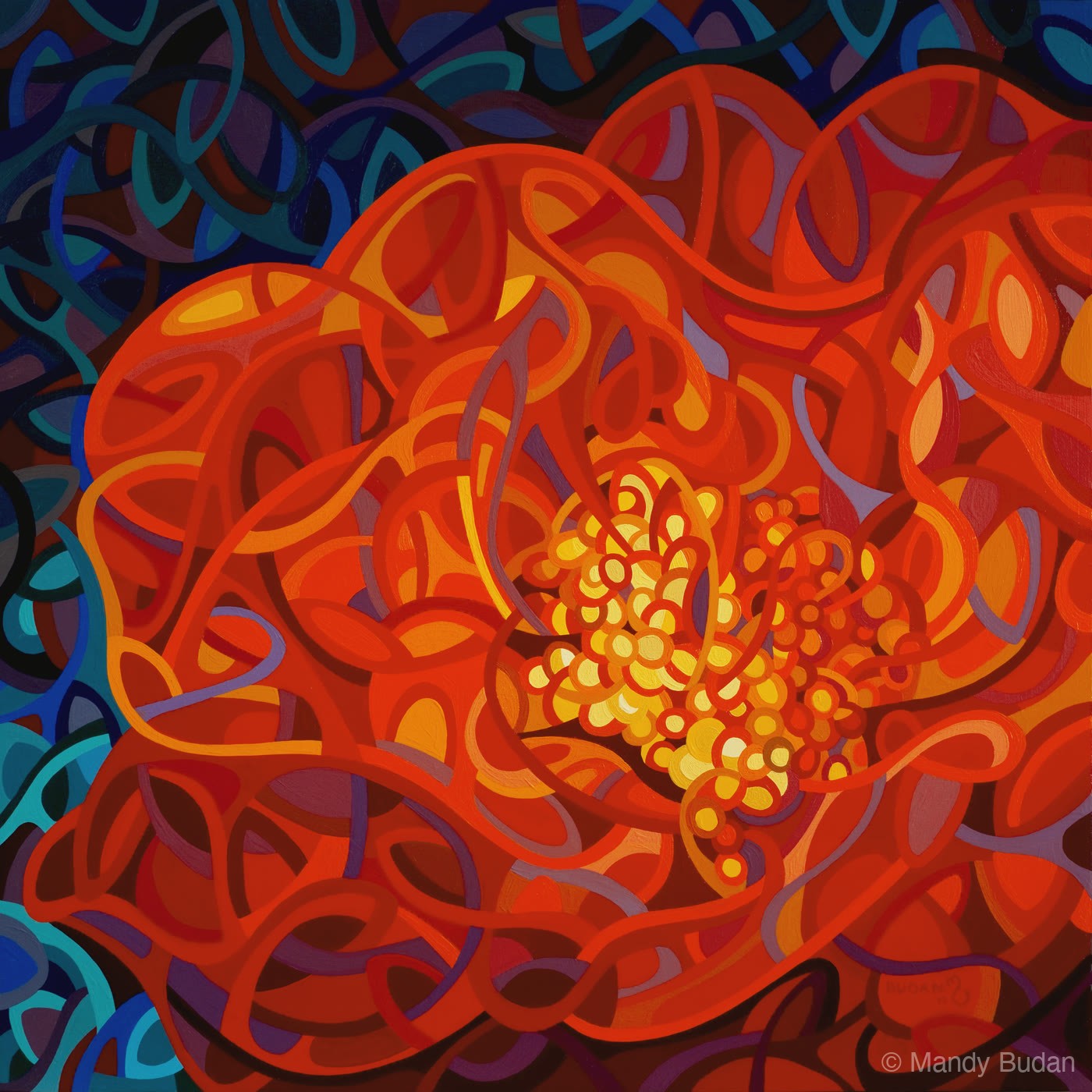 Juxtaposed with dark and cool undulating shapes, the red flower glows like an ember against the night. by Mandy Budan