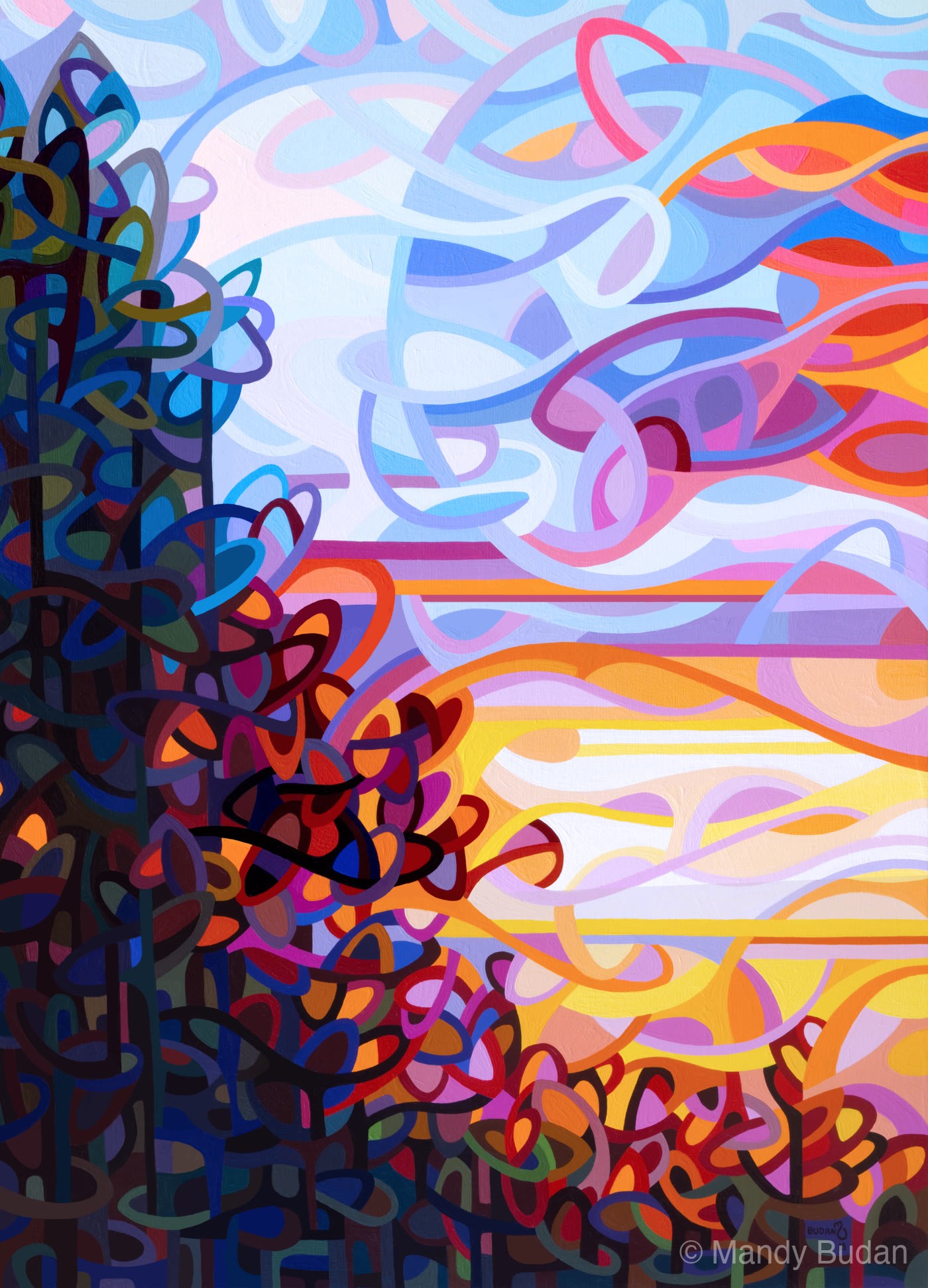 As the sun sinks behind dark trees standing like sentinels, the blue of the coming night mingles with the last bright colo...