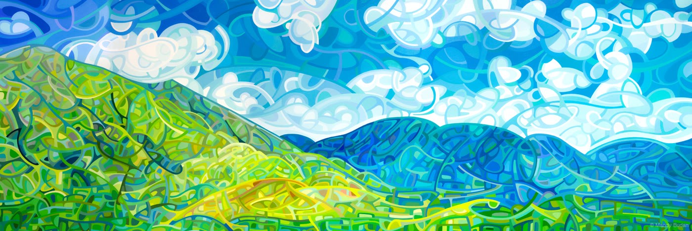 Greens and blues tumble together down the mountain while clouds jostle with the blue sky above. by Mandy Budan