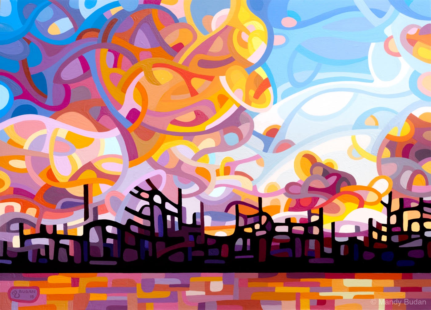The setting sun paints the clouds deep oranges and pinks and pins them to a darkening indigo sky. Pierced below by the dar...