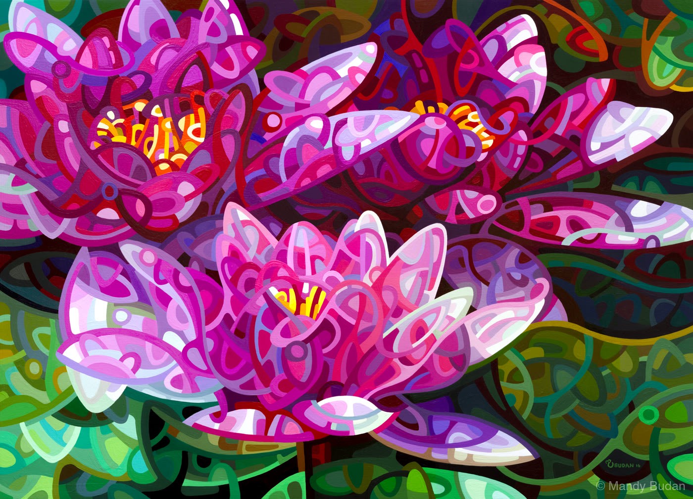 Moving in and out of the shadows, three flowers jostle for position in the dark pool. by Mandy Budan