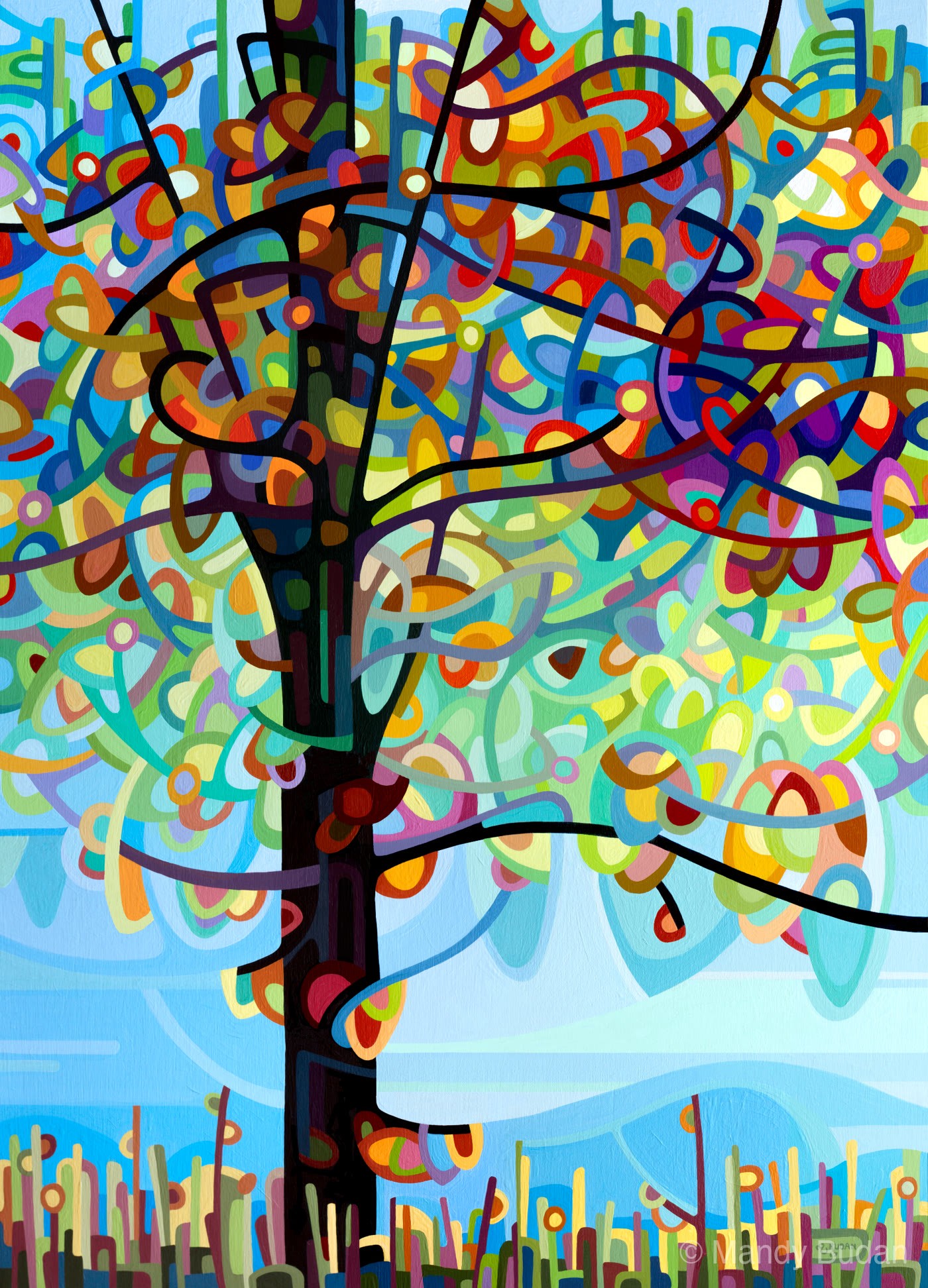 A lively tree sits by the river on a quiet summer day. by Mandy Budan
