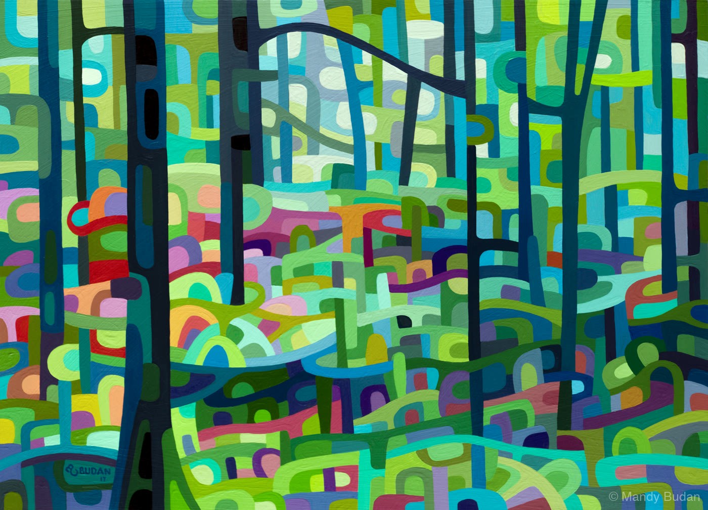A quiet morning walk with ribbons of pale green and blue falling amongst the flowers on the forest floor. by Mandy Budan