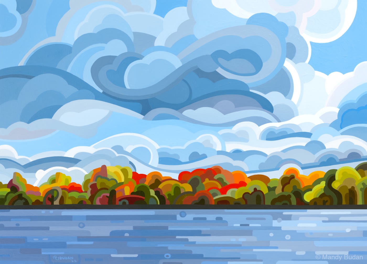 A boisterous sky frolics above a late summer lake. by Mandy Budan