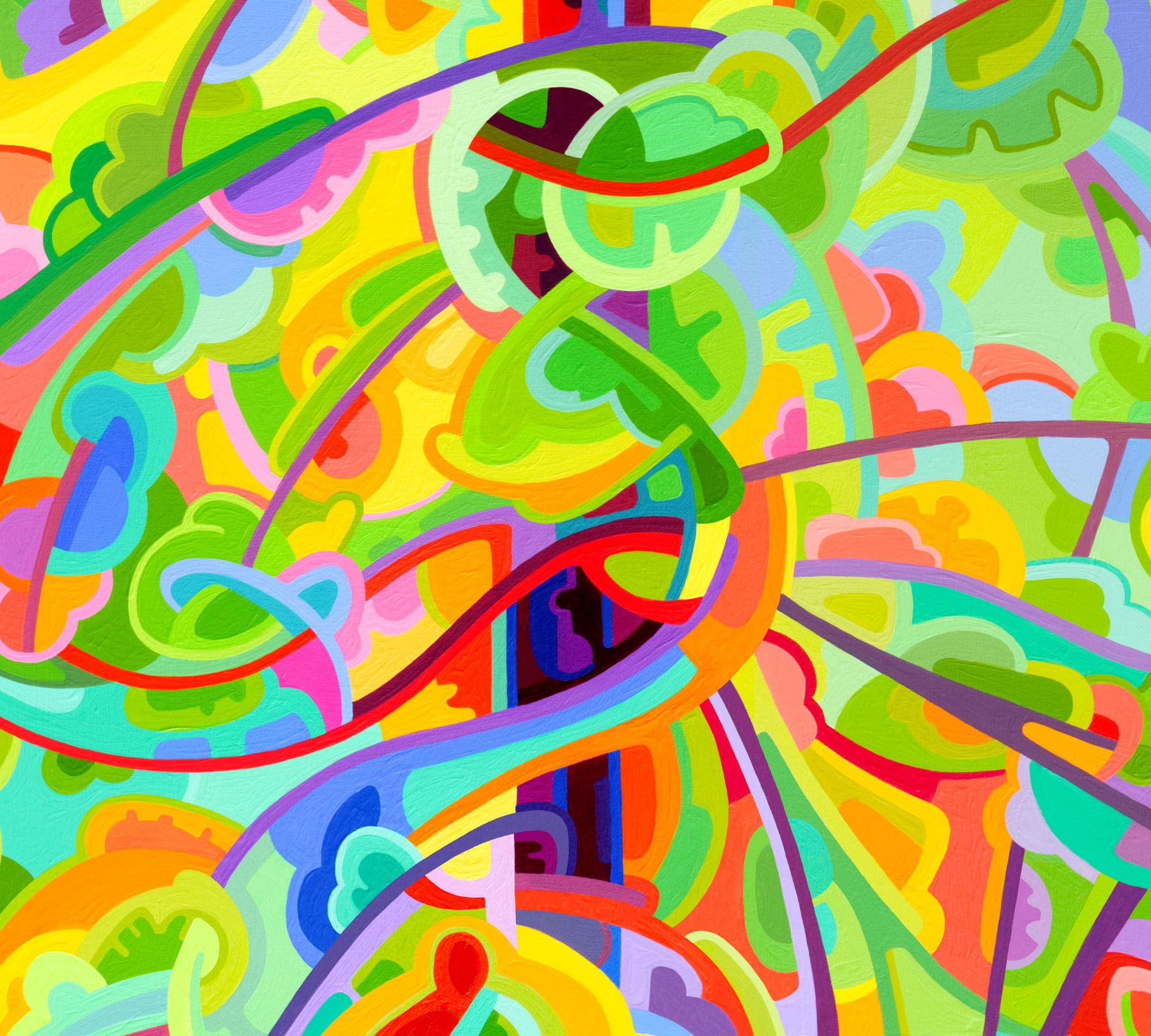 Arabesque, an abstract acrylic painting of a summer forest by Mandy Budan
