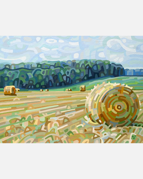 original abstract landscape painting of a field of hay bales