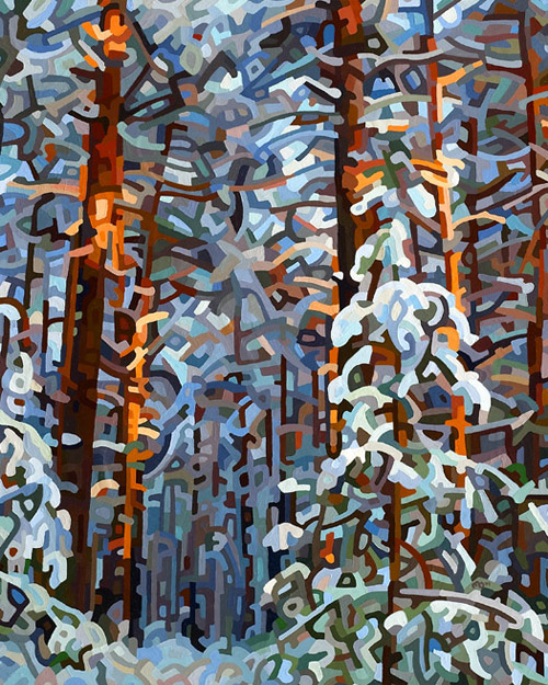 original abstract landscape painting of a deep wintry forest