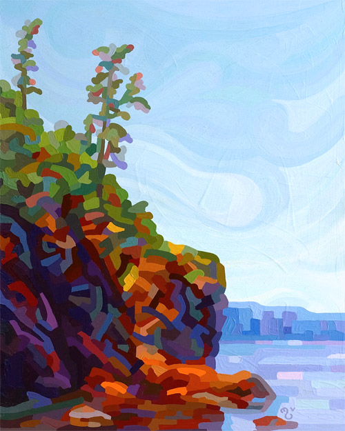 original abstract landscape painting of rocky lake shore