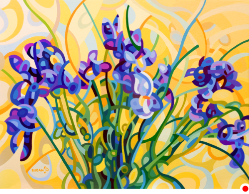 original abstract landscape painting of purple irises on a yellow background