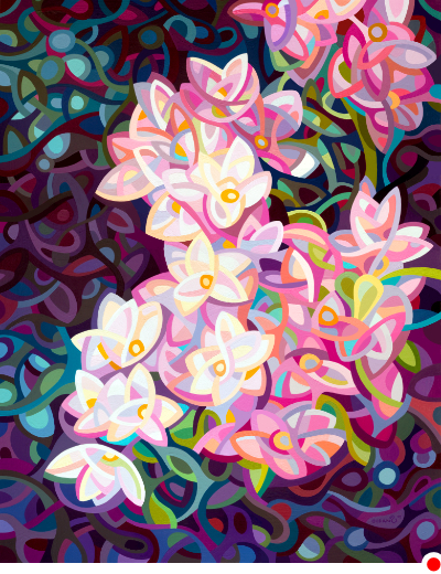 original abstract landscape painting of a pink and white blossoms