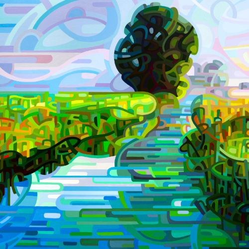 original abstract landscape painting of a sunrise over wetlands