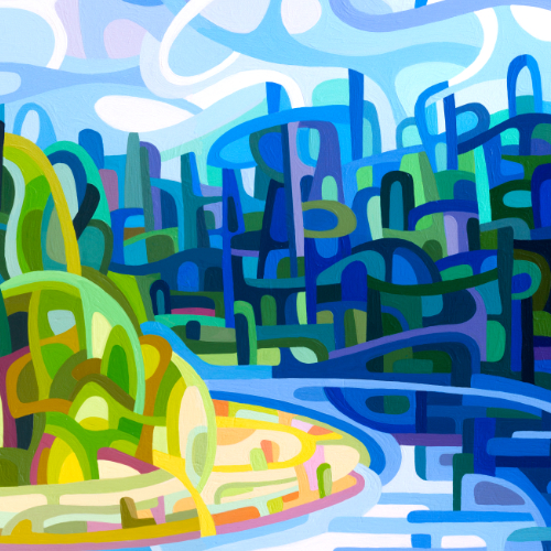 original abstract landscape painting of summer island in a quiet river