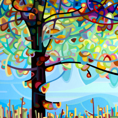 original abstract river painting of lively colorful tree