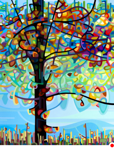 original abstract river painting of lively colorful tree