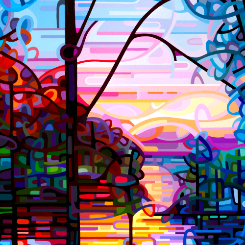original abstract landscape painting of a sunrise lake