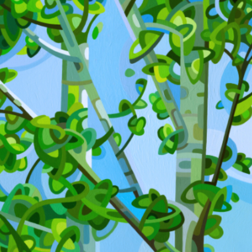 original abstract landscape summer green grey birches blue sky