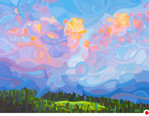 original abstract landscape colorful sunset sky, field and trees