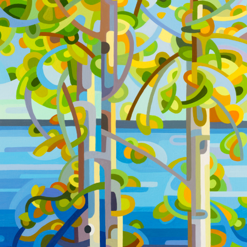 original abstract landscape painting of summer trees on the shores of a blue lake