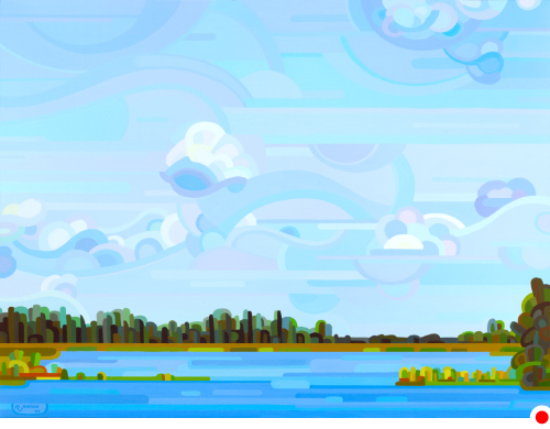 original abstract landscape colorful summer wetlands, ponds, water, sky